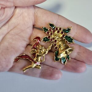 Avon SMITHSONIAN CHRISTMAS ANGEL BELL Rhinestone Enamel DANGLE PIN BROOCH Vintag